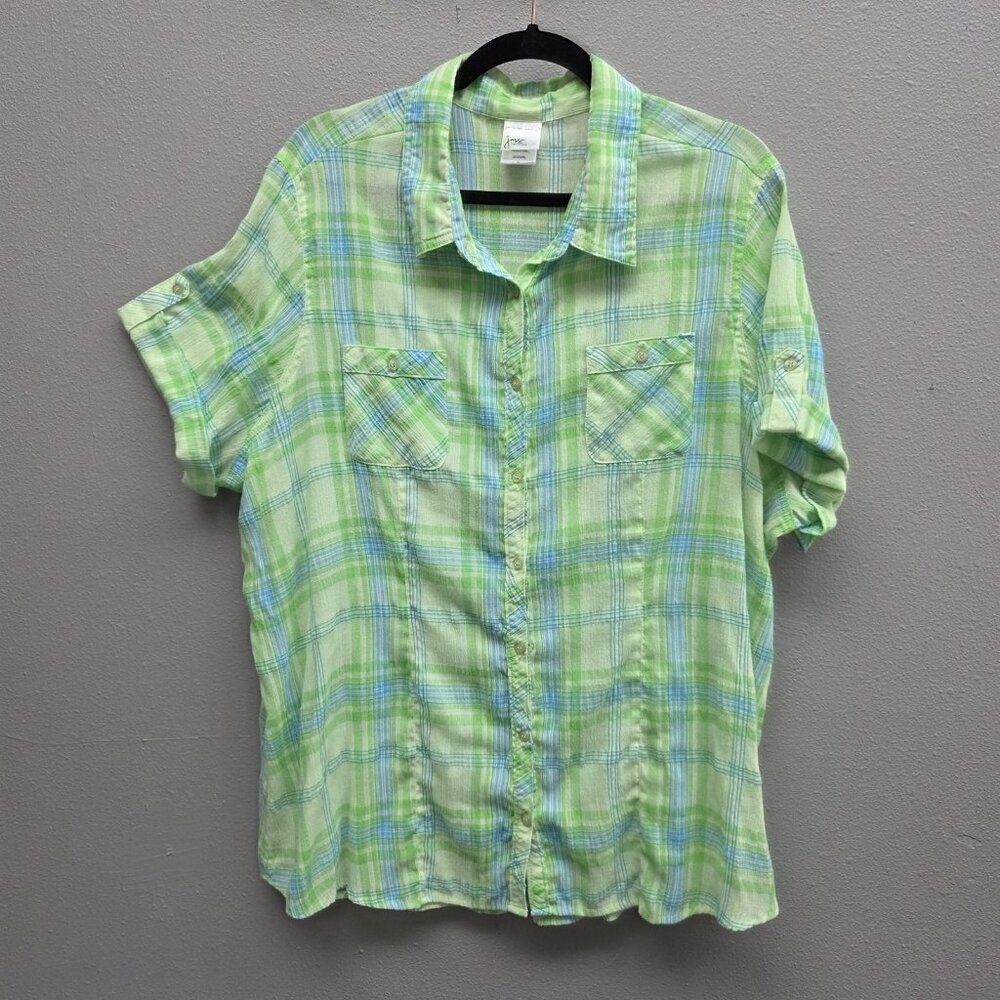 JMS Just My Size Shirt Womens 3X Green Blue Plaid Button Front Roll Tab Pockets